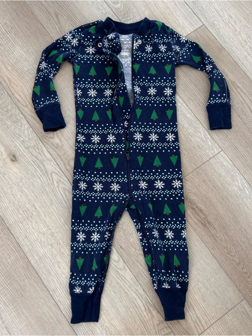 Hanna Andersson Navy Blue Holiday Tree & Snowflake One-Piece Pajamas